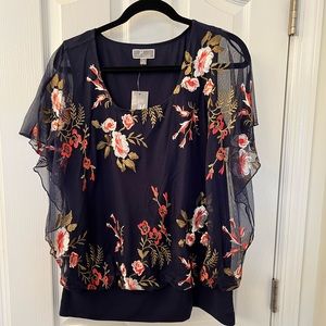 JM Collection blouse in 1X. Navy embroidery. NWT